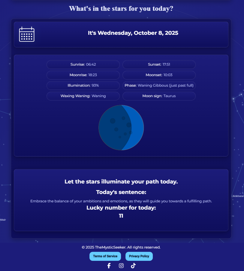 The Mystic Seeker dashboard with welcome header, token balance and quick actions