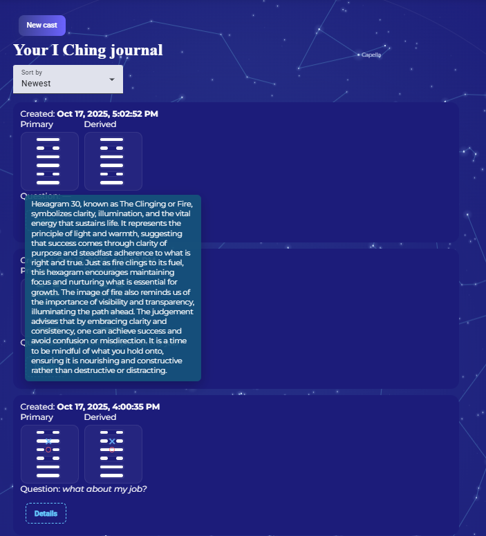 I Ching Journal with Hexagram visualization