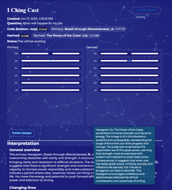 I Ching Journal entry with cast and hexagram interpretation